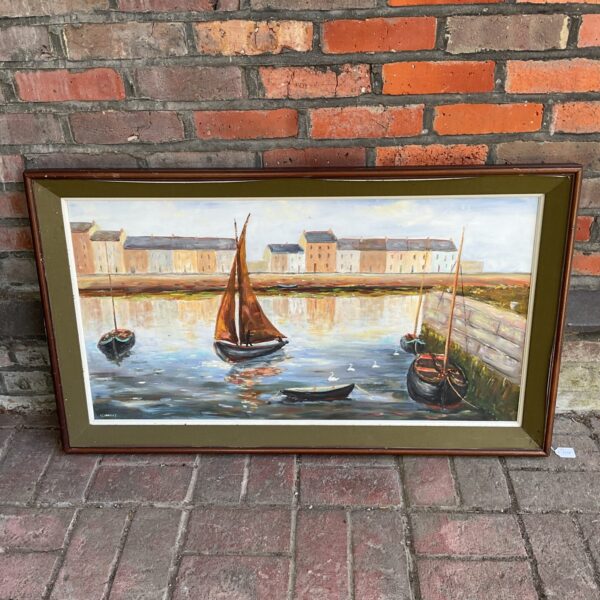 T Connelly oil painting of sailboats in a dock scene.