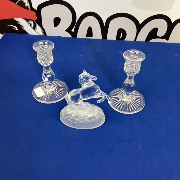 Antique cut glass candlesticks with horse figurines for elegant home decor.