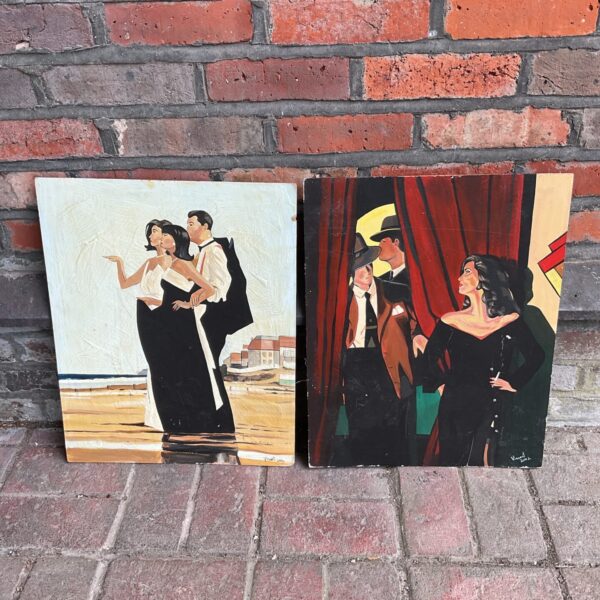 Romantic oil painting of a couple on a beach in the style of Jack Vetrino.