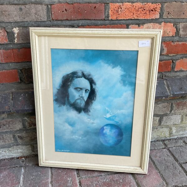 Vintage John Barber painting of Jesus with a dove.