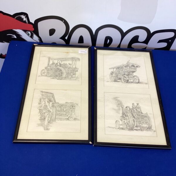 Framed pencil drawing of a vintage traction engine.
