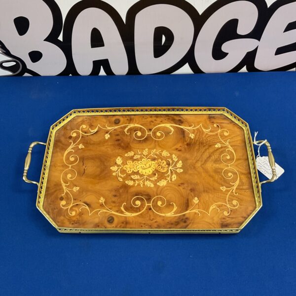 Vintage Sorrento inlaid tray with floral marquetry and brass handles.