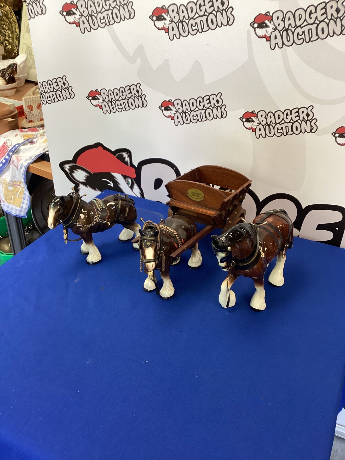 249 Three Porcelain Shire Horse Figurines with Cart