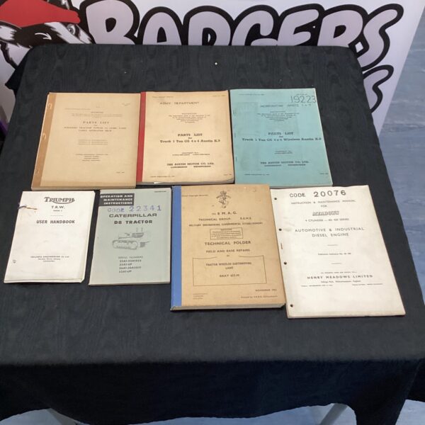 Vintage Austin K9 military parts and maintenance manuals, WWII era.