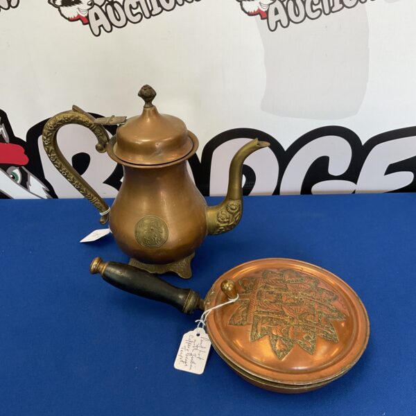 Antique Indian copper teapot with brass accents and bed warmer.