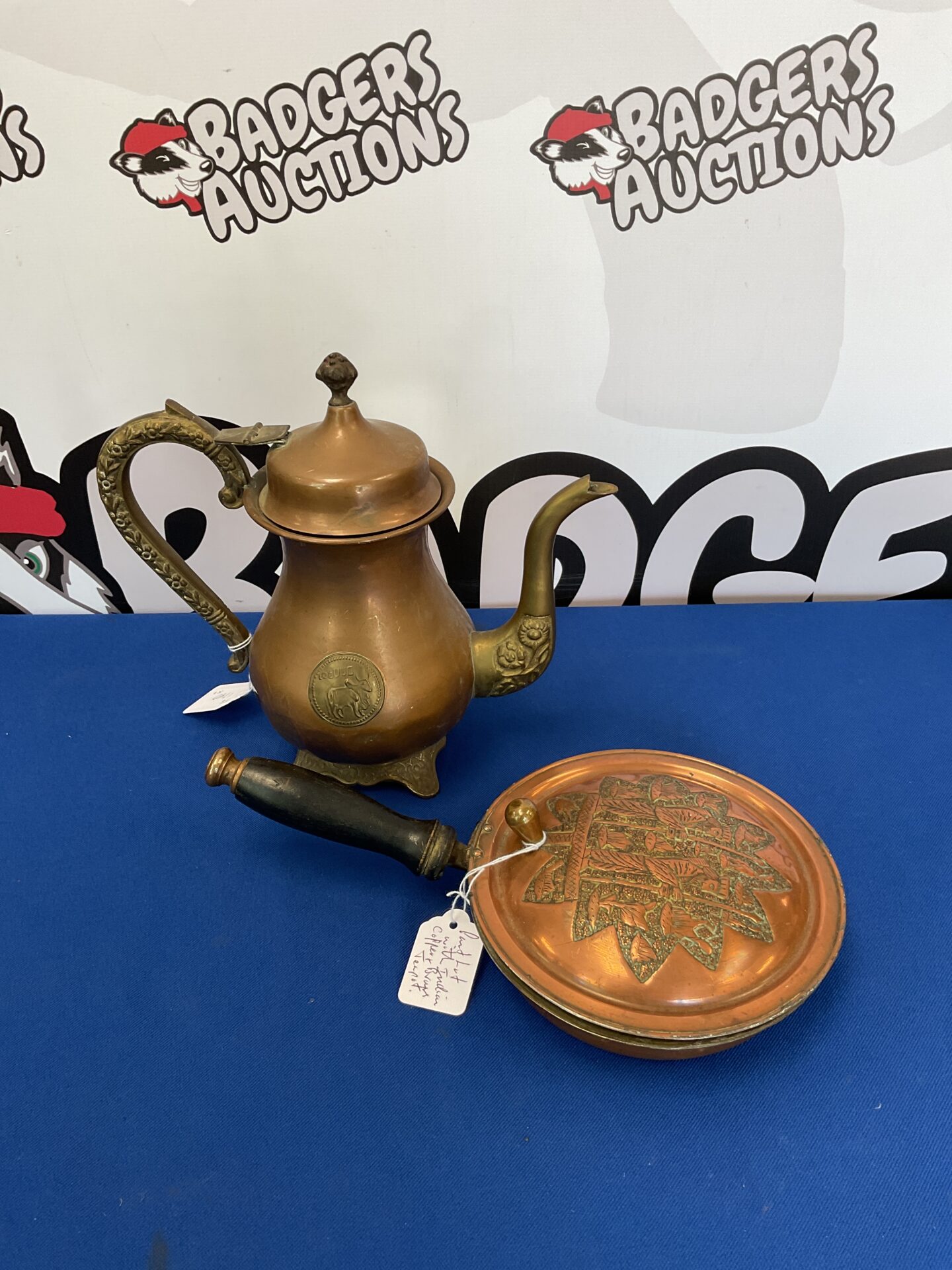 037 Indian copper & brass teapot with small copper bed warmer