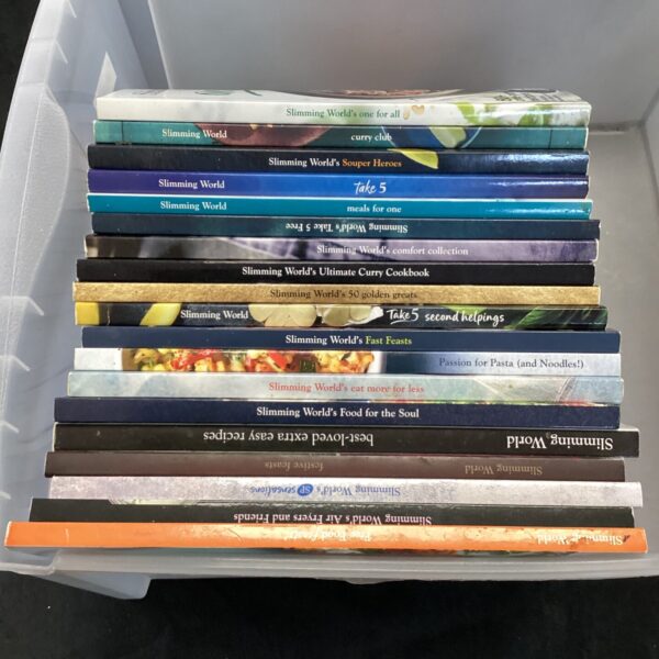 Lot of Slimming World cookbooks for healthy eating and weight loss.