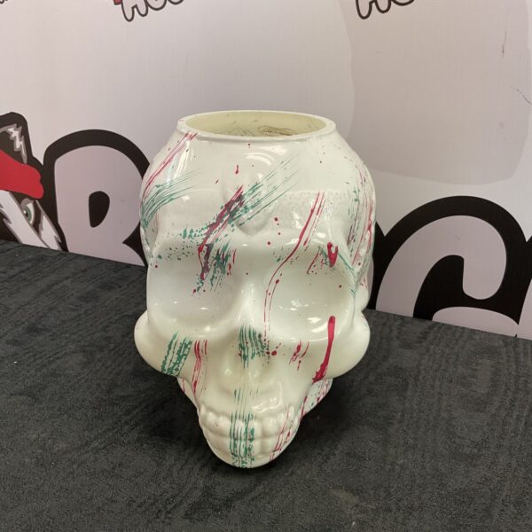 White and red Akcam art glass skull bowl, decorative glassware.