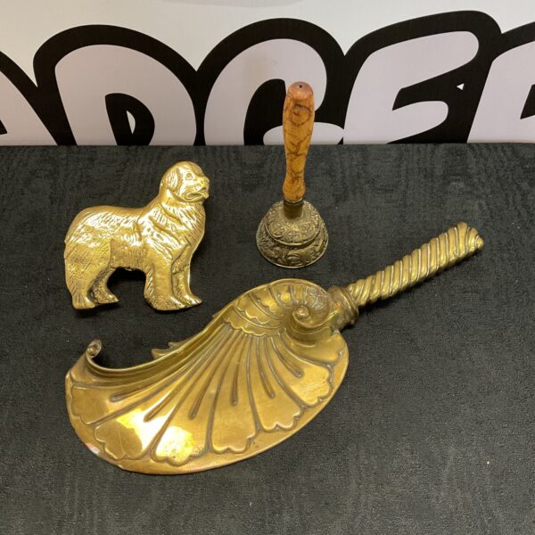 Vintage brass crumb tray set with St Bernard dog and bell.