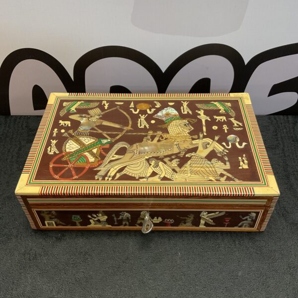 Intricate Egyptian marquetry jewellery box with detailed inlay.