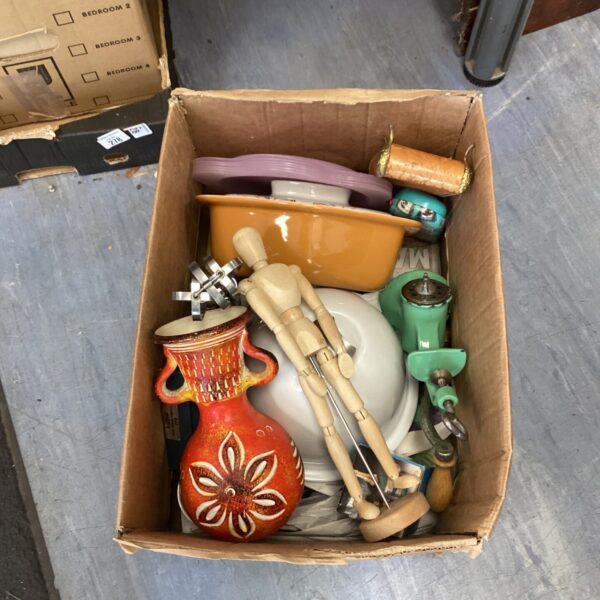 Mixed lot of vintage collectibles including an artist dummy and meat mincer.