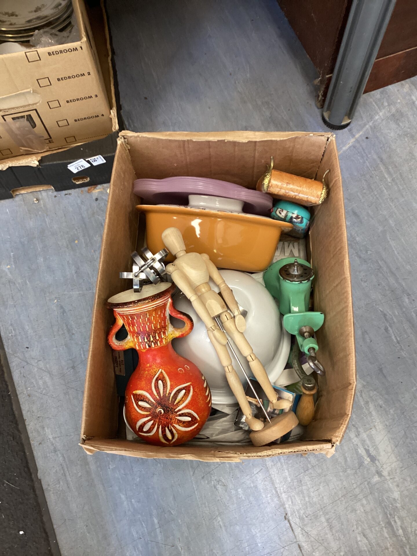 306 Box of mixed items inc artists dummy and meat mincer