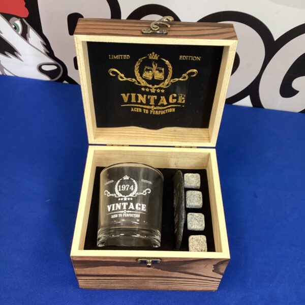 Vintage whiskey tumbler kit in wooden box