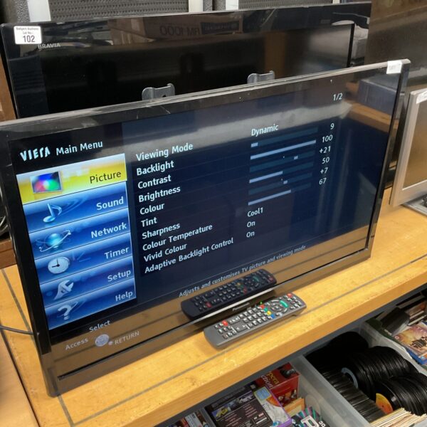 Panasonic Viera LCD TV displaying menu settings on screen.