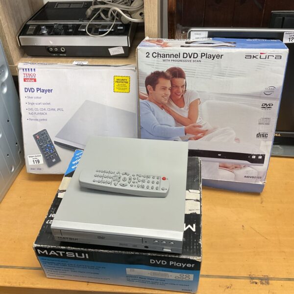 Boxed lot of vintage DVD players from Matsui and Akura.