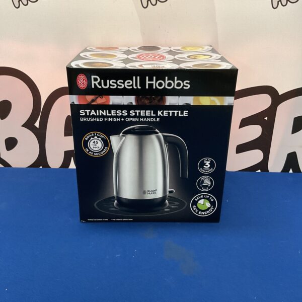 Russell Hobbs stainless steel kettle in original packaging.