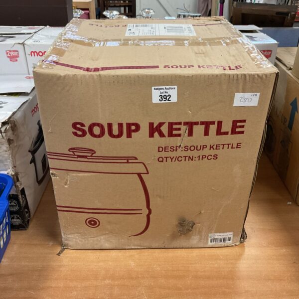 New soup kettle in original packaging, ready for use.