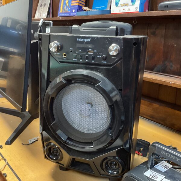 Black Intempo portable speaker with integrated controls for wireless audio.