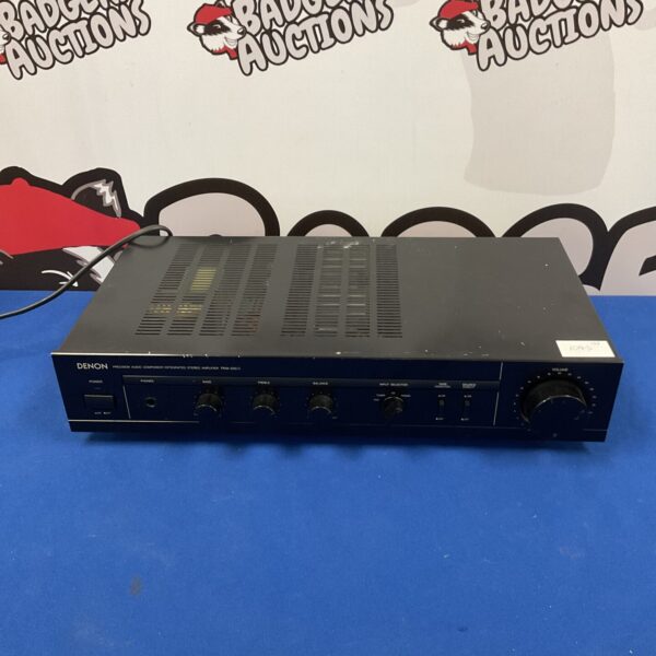 Black vintage Denon PMA-250 II stereo amplifier, front view.