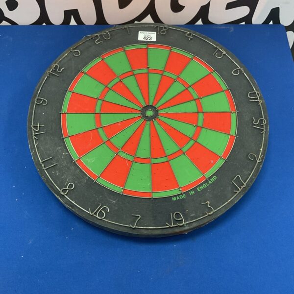 Close-up of a vintage sisal dartboard with traditional numbering.