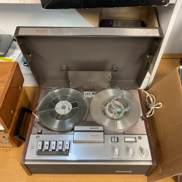 Vintage Philips 4307 reel to reel tape recorder with reels.