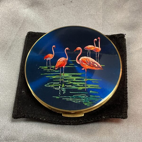 Vintage Stratton compact mirror with pink flamingo enamel design.