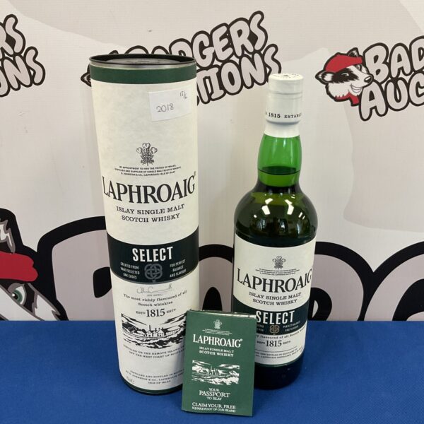 Sealed bottle of Laphroaig Select Islay Single Malt Scotch Whisky.