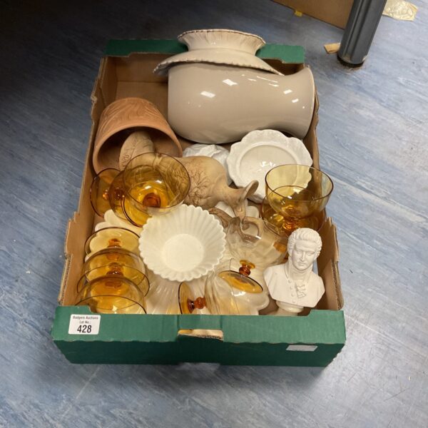 Mixed lot of vintage glassware and ceramics with Mozart bust.