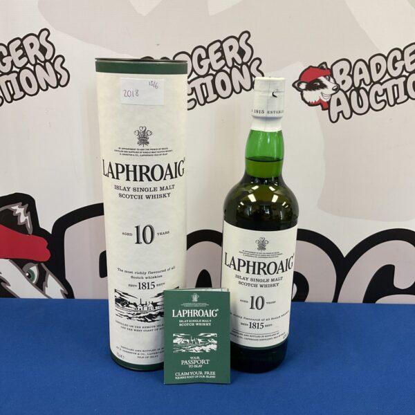 Sealed bottle of Laphroaig 10 Year Old Islay Single Malt Scotch Whisky.