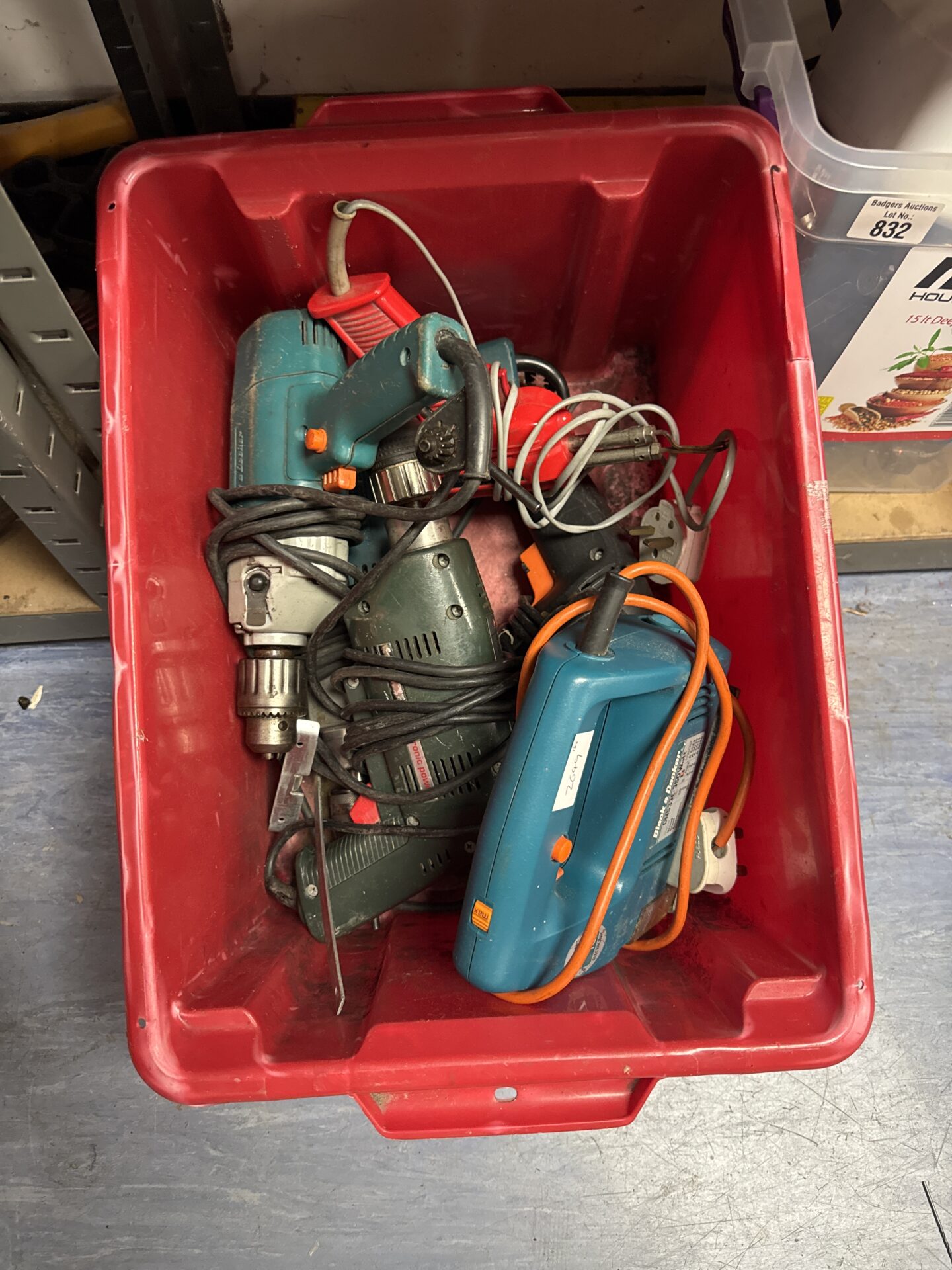 788 Box of assorted power tools inc drills, soldering iron & others