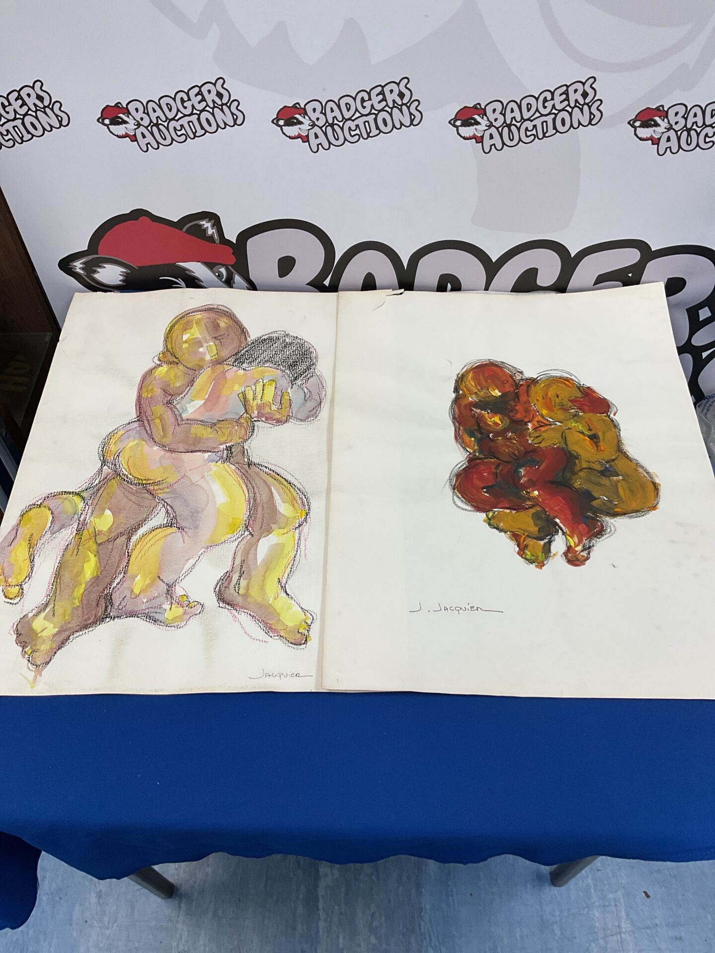 600 Two J Jacqui paintings of embracing figures