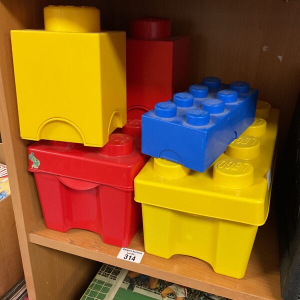 Brightly coloured vintage Lego storage boxes for toy organisation.