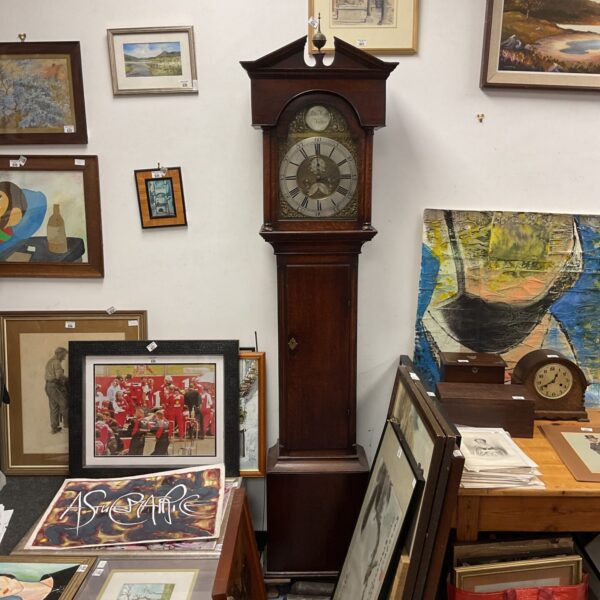 Antique Peter Hogg Felton grandfather clock with weights and pendulum.