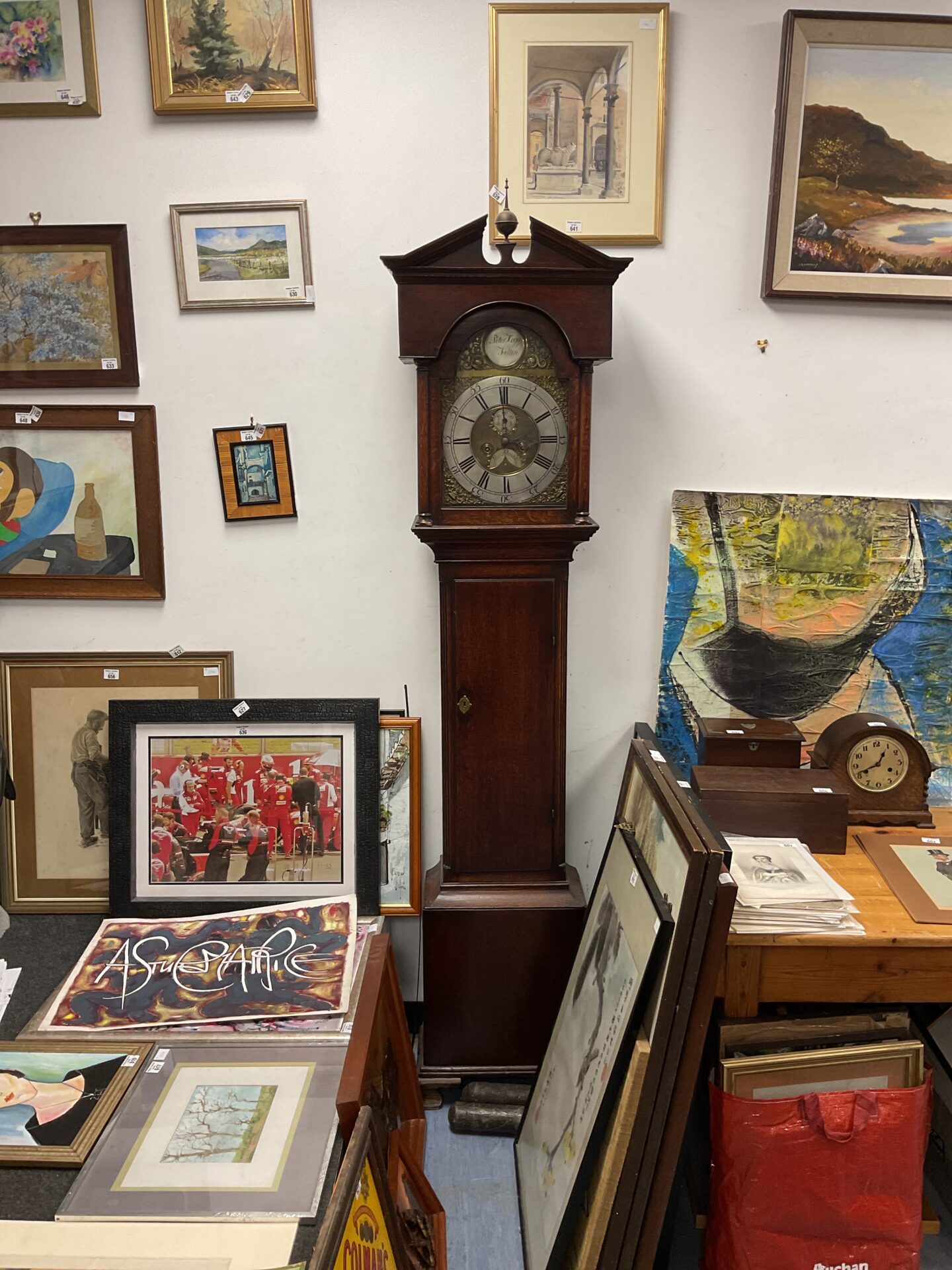 654 Peter hogg felton grandfather clock with weights & pendulum