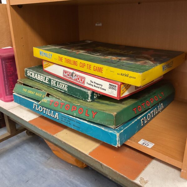 Vintage board games lot including Totopoly and Scrabble.