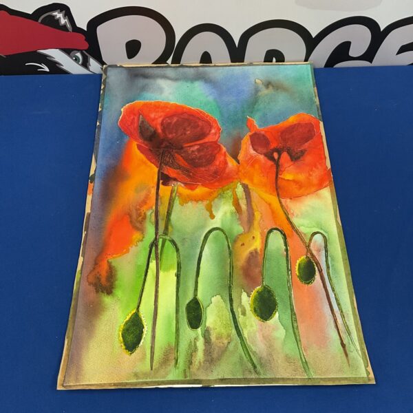 Vibrant watercolour painting of red poppies by Jane Edwards.