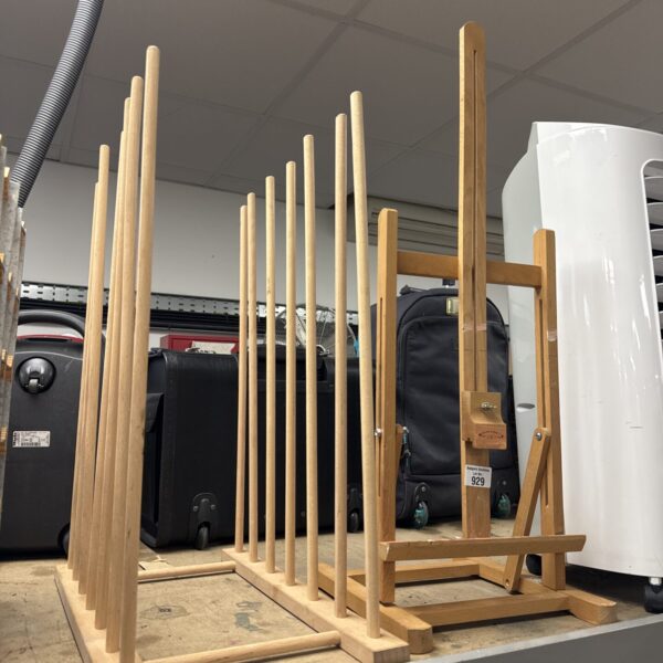 Wooden Windsor & Newton artist easel with canvas stand rack.