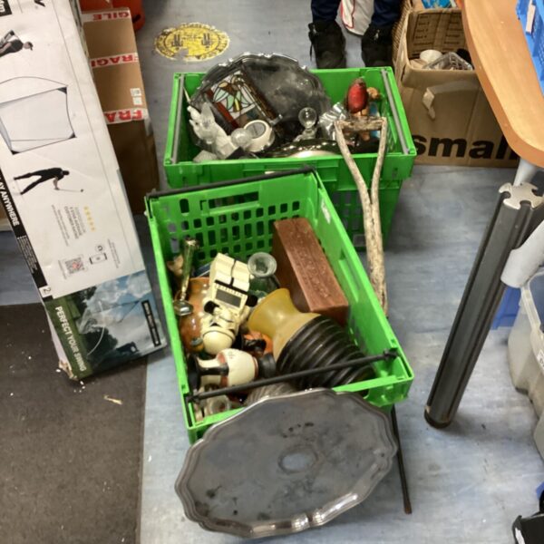 House clearance lot with Lego clock and serving trays.