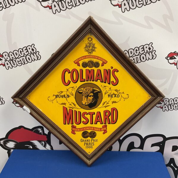 Vintage Coleman's Mustard sign in a wooden frame.