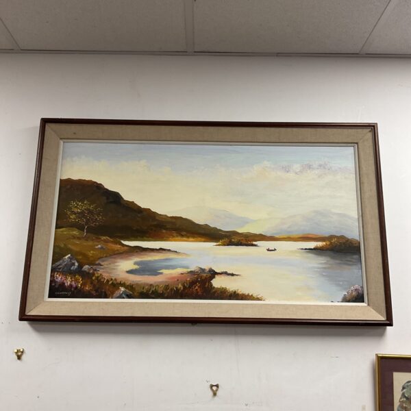Serene Scottish Highland oil painting by T Connelly with loch and hills.