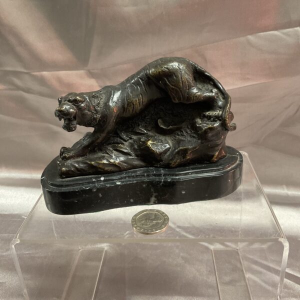 Vintage bronze crouching tiger sculpture signed Barie on marble base.