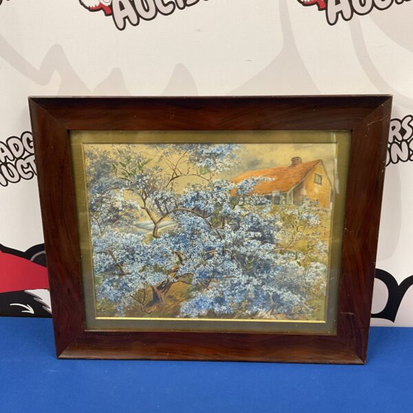 Antique watercolour painting of a farmhouse with blue flowers.
