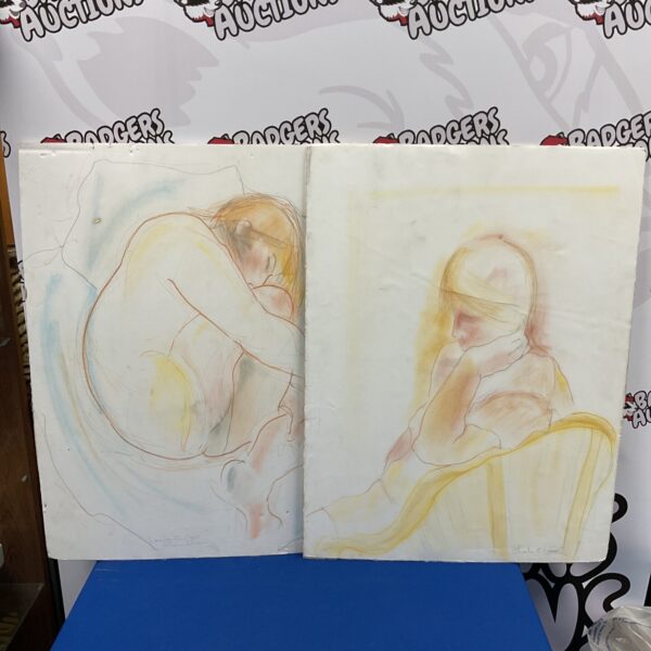 Two Sheila Oliver paintings of abstract figure studies.