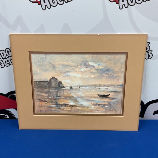 Signed C Evans watercolour painting of boats in a harbour.