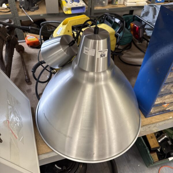 Large galvanised industrial ceiling lamp with enamel shade.