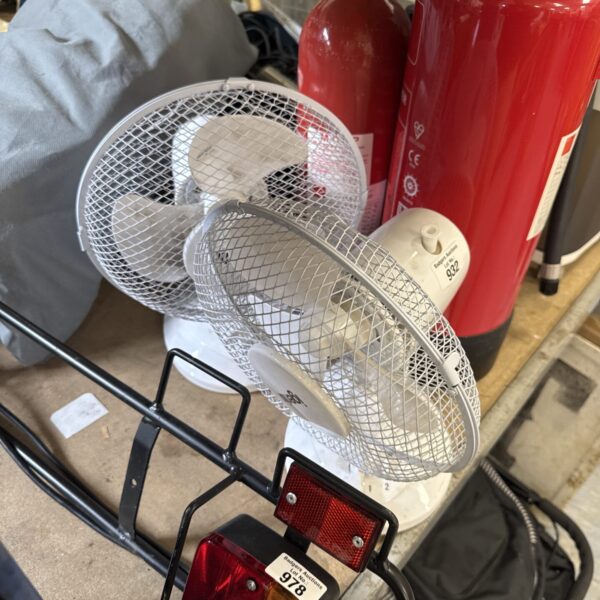 Lot of two small Igenix desk fans for cooling.