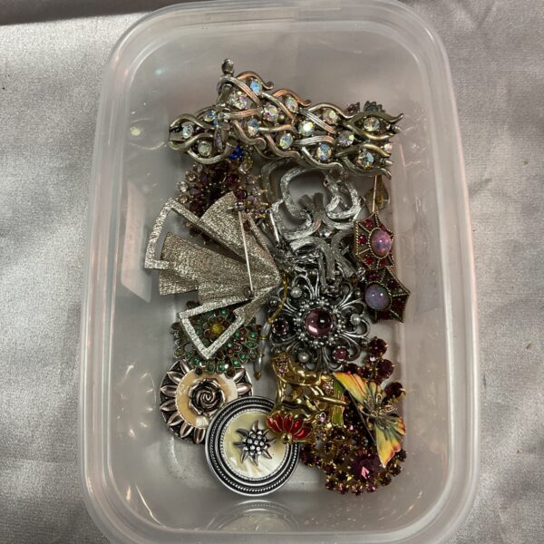Assorted vintage costume jewellery lot with brooches and earrings.