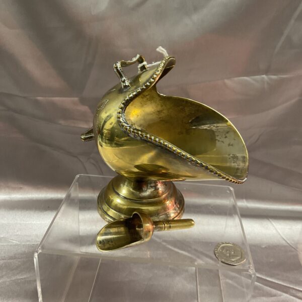 Vintage brass sugar skuttle with scoop, antique kitchenalia.