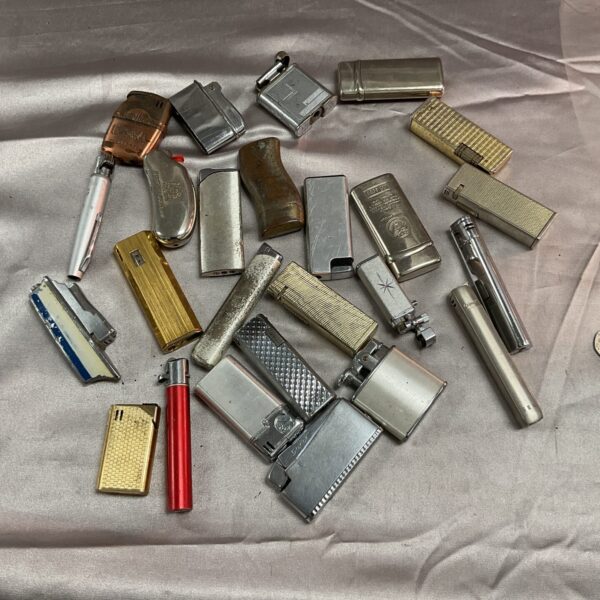 Vintage cigarette lighters collection, retro smoking accessories.