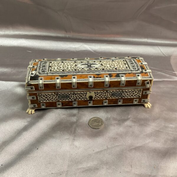 Intricate Victorian Anglo Indian jewellery casket with mother of pearl inlay.